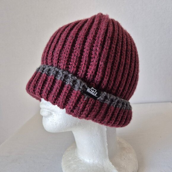 Woolrich Wool Blend Ribbed Knit Fold Cuff Winter Beanie Red Grey Unisex - Picture 5 of 9